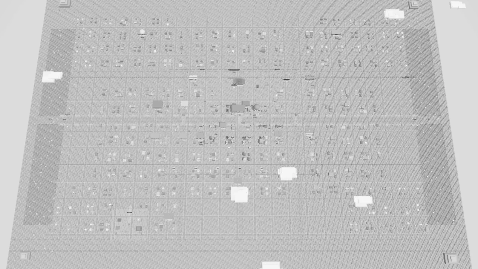 Aerial top-down map of Gold Rush Town — hundreds of measured MCP-server buildings laid out across the districts