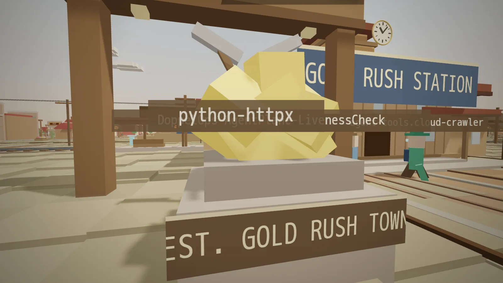 Gold Rush Station in Gold Rush Town — a walkable 3D town where travelers are real observed crawlers and every building is a measured MCP server